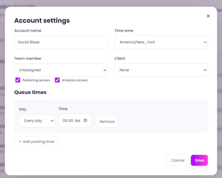 Account name and time zone. Highlighted controls are explained below.