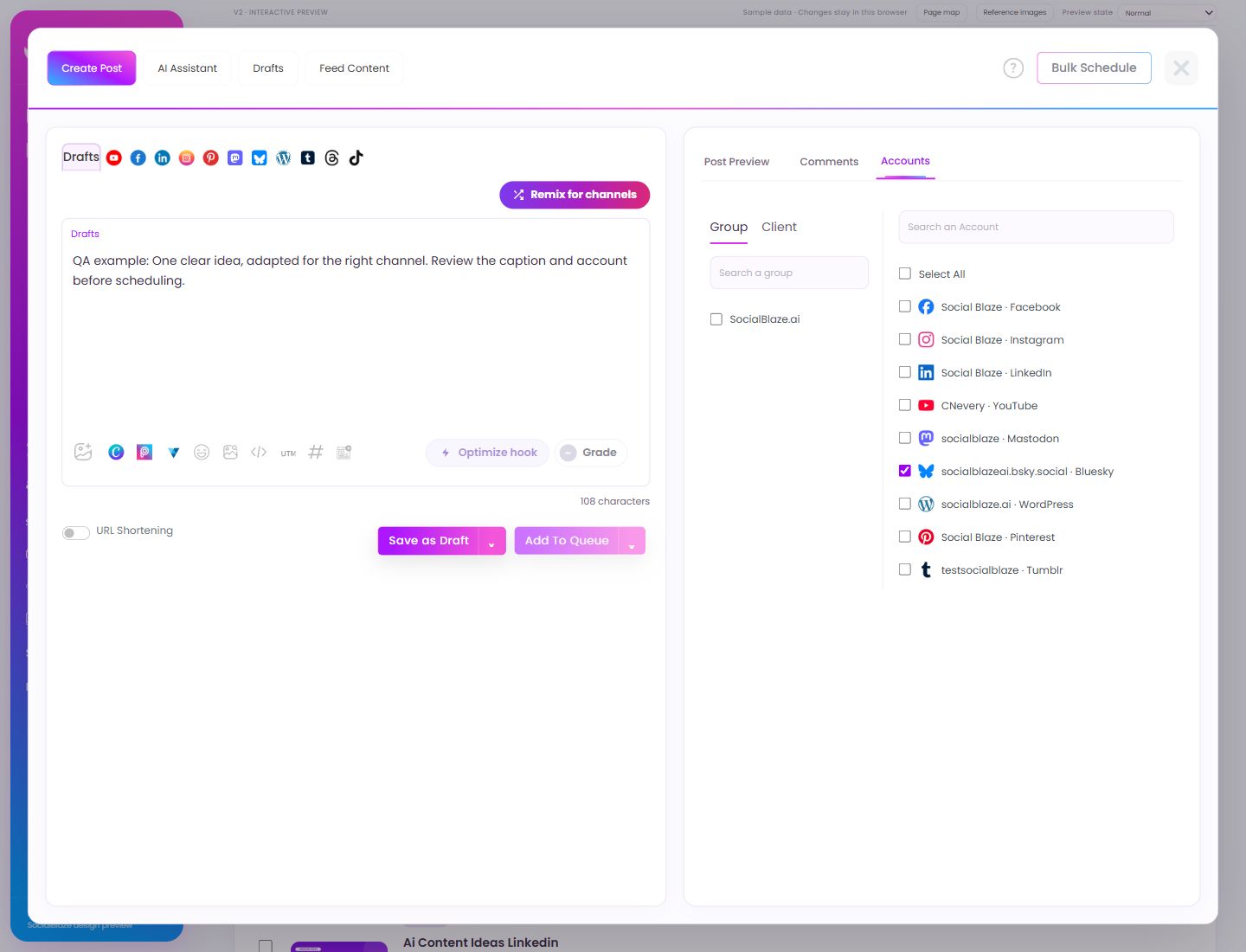 Select the exact publishing account. Highlighted controls are explained below.