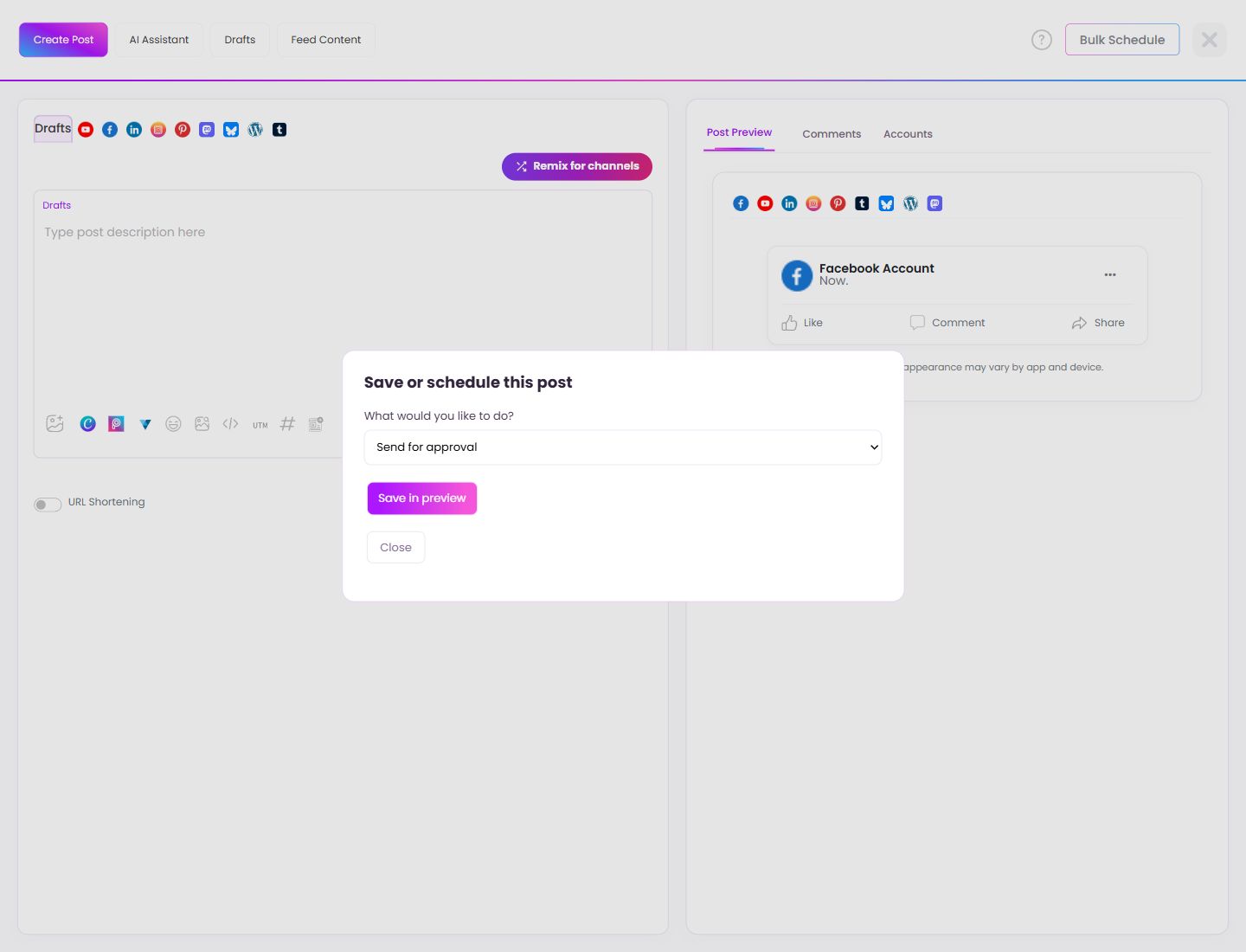 Send for approval is a separate action. Highlighted controls are explained below.
