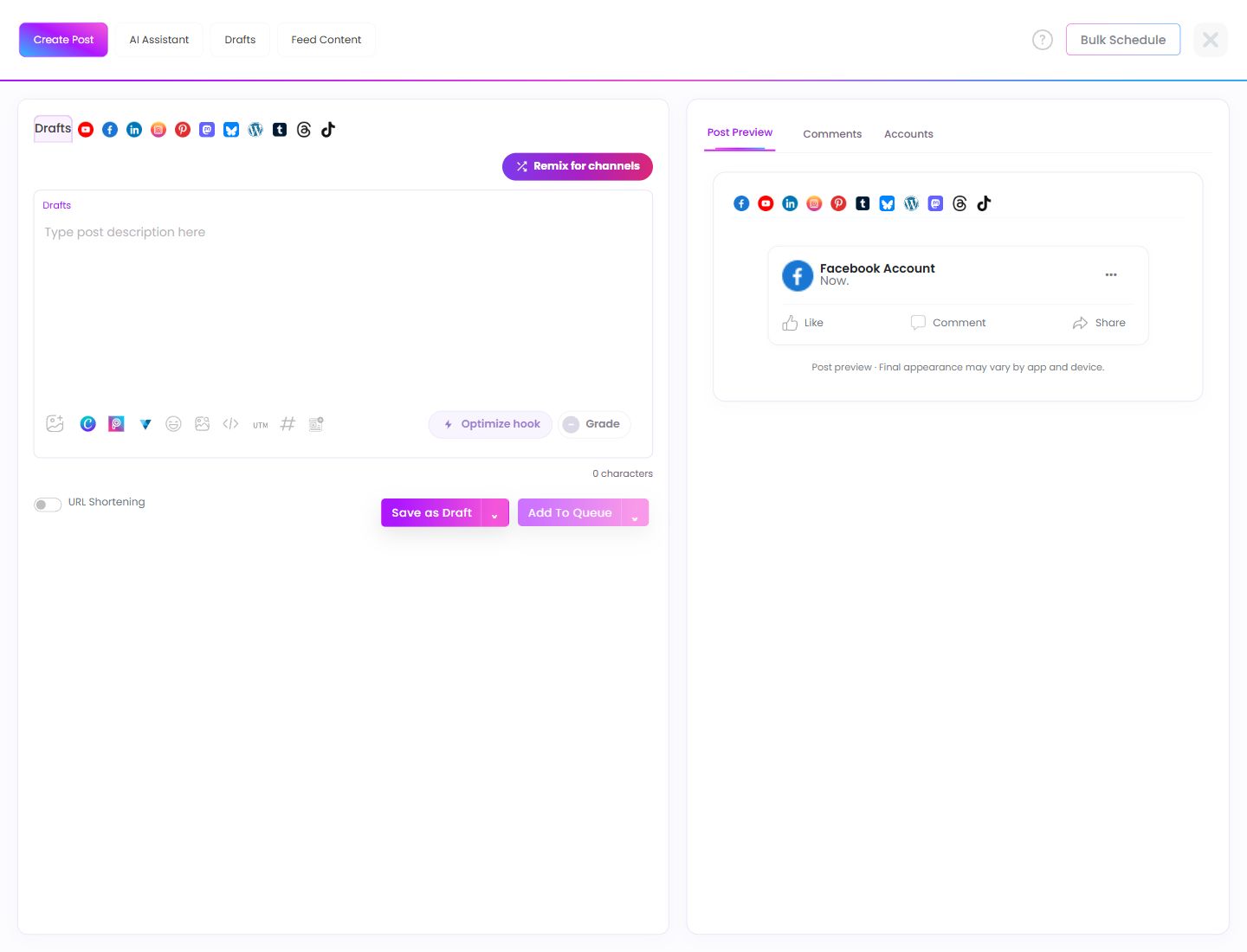 Create Post composer. Highlighted controls are explained below.