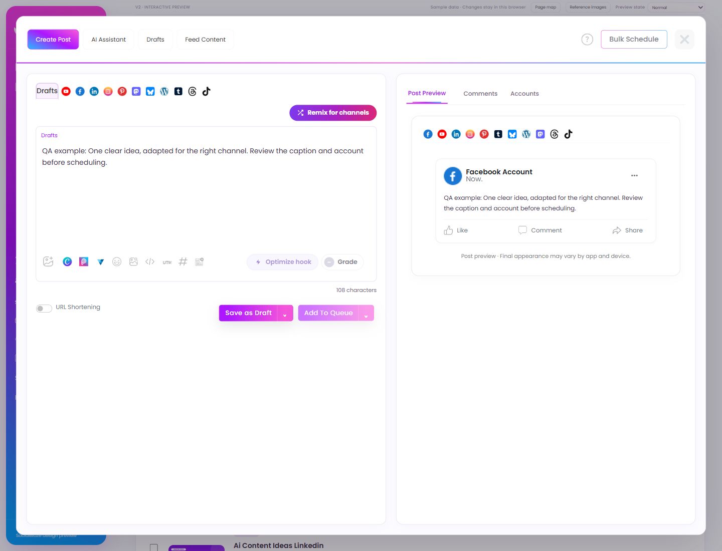Review the caption in the post preview. Highlighted controls are explained below.