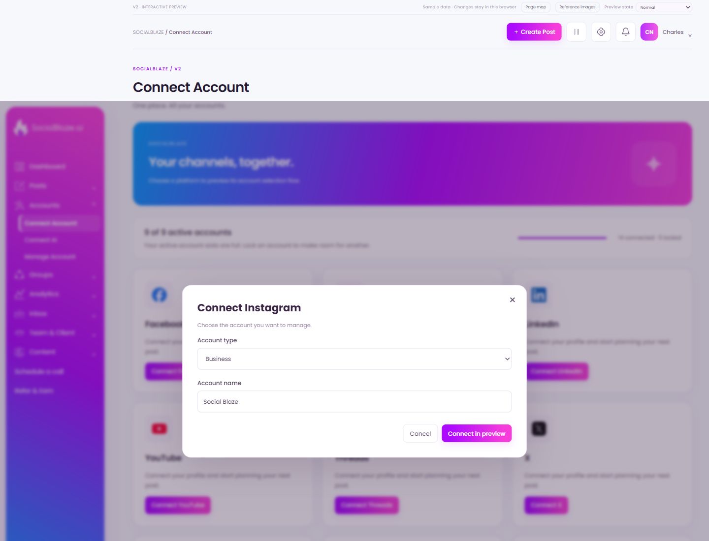Instagram connection preview. Highlighted controls are explained below.