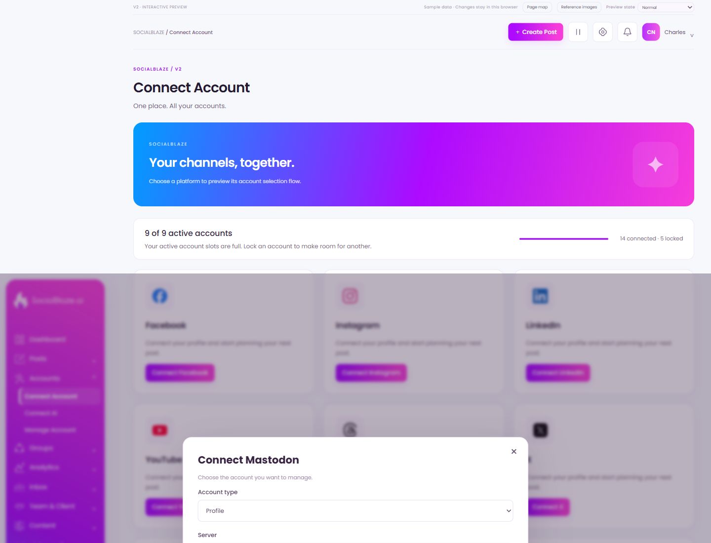 Mastodon connection preview. Highlighted controls are explained below.