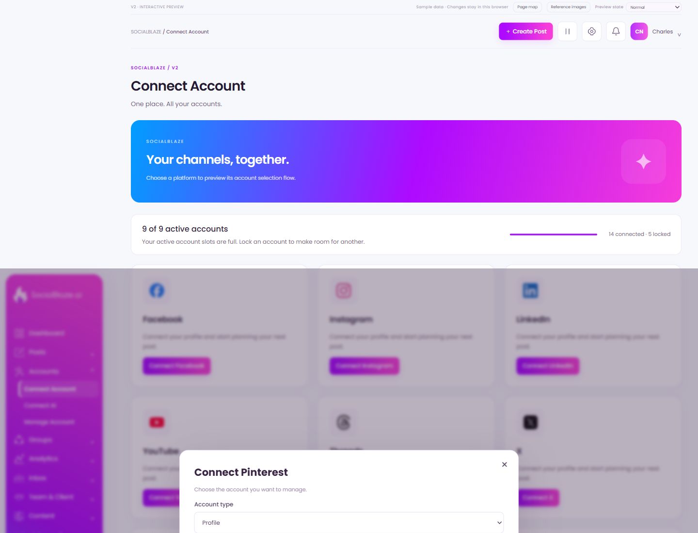 Pinterest connection preview. Highlighted controls are explained below.