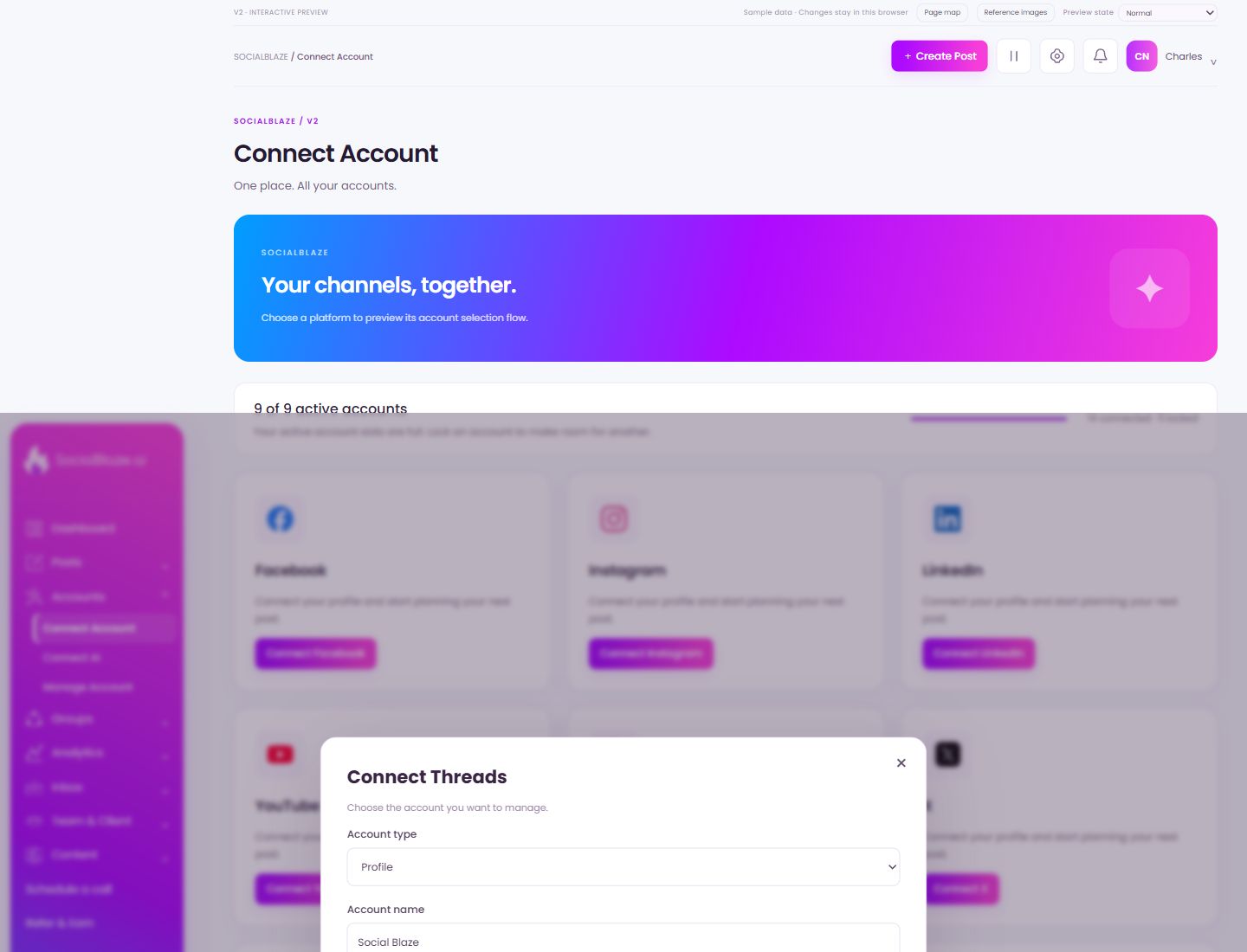 Threads connection preview. Highlighted controls are explained below.