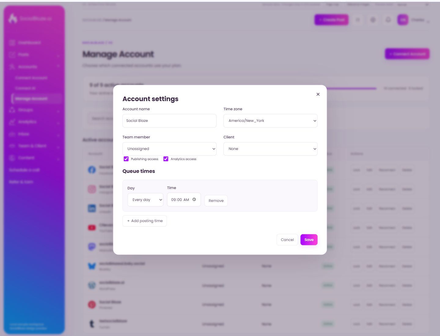 Account settings. Highlighted controls are explained below.
