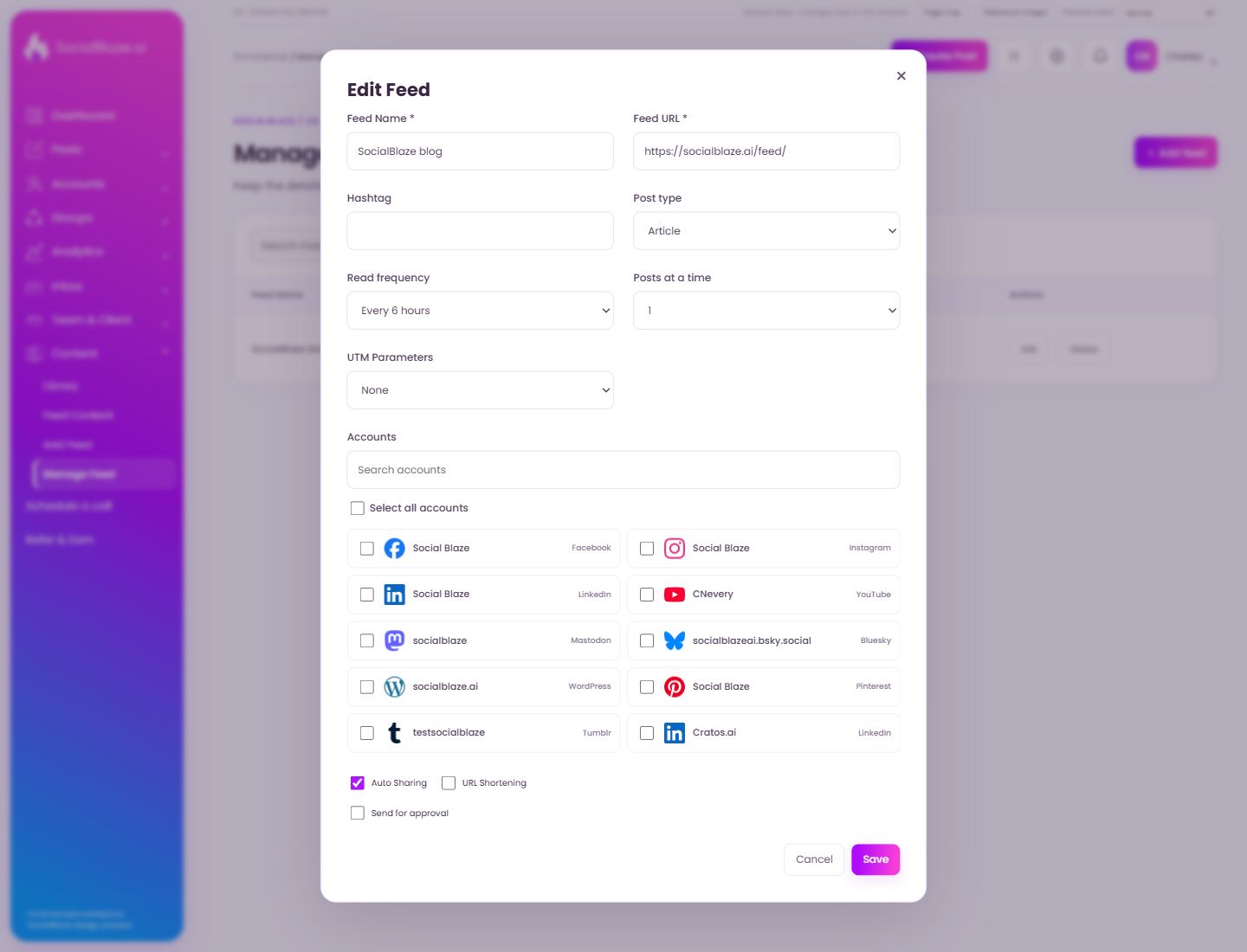 Edit feed configuration. Highlighted controls are explained below.