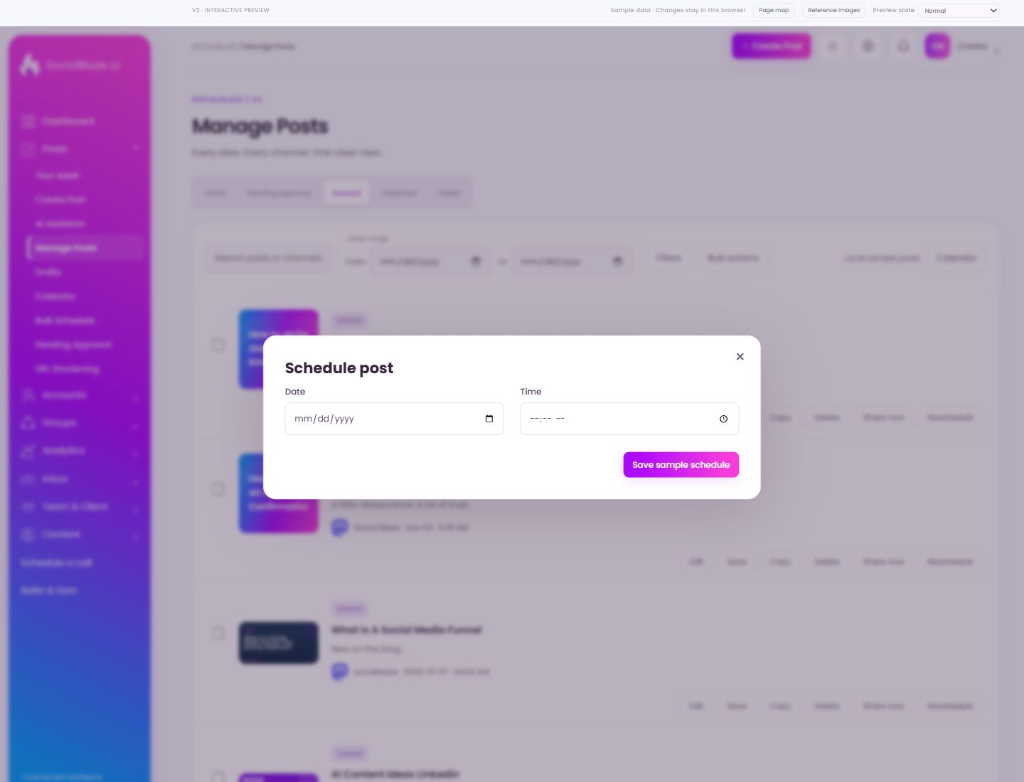 Reschedule a post. Highlighted controls are explained below.