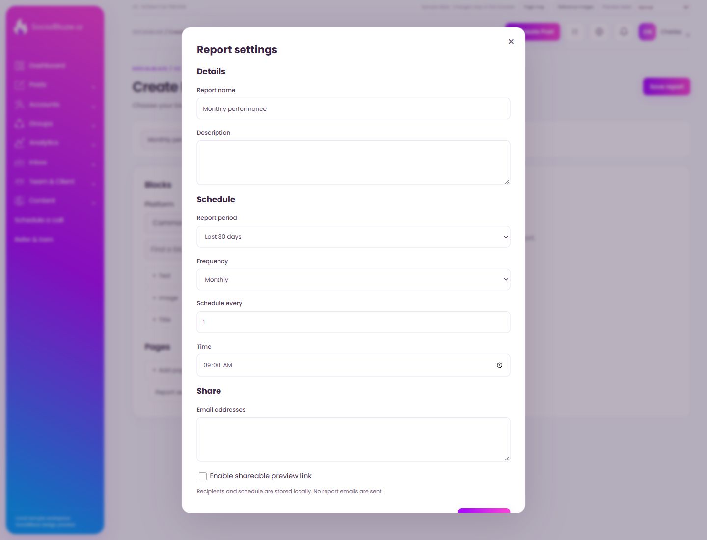 Report settings. Highlighted controls are explained below.