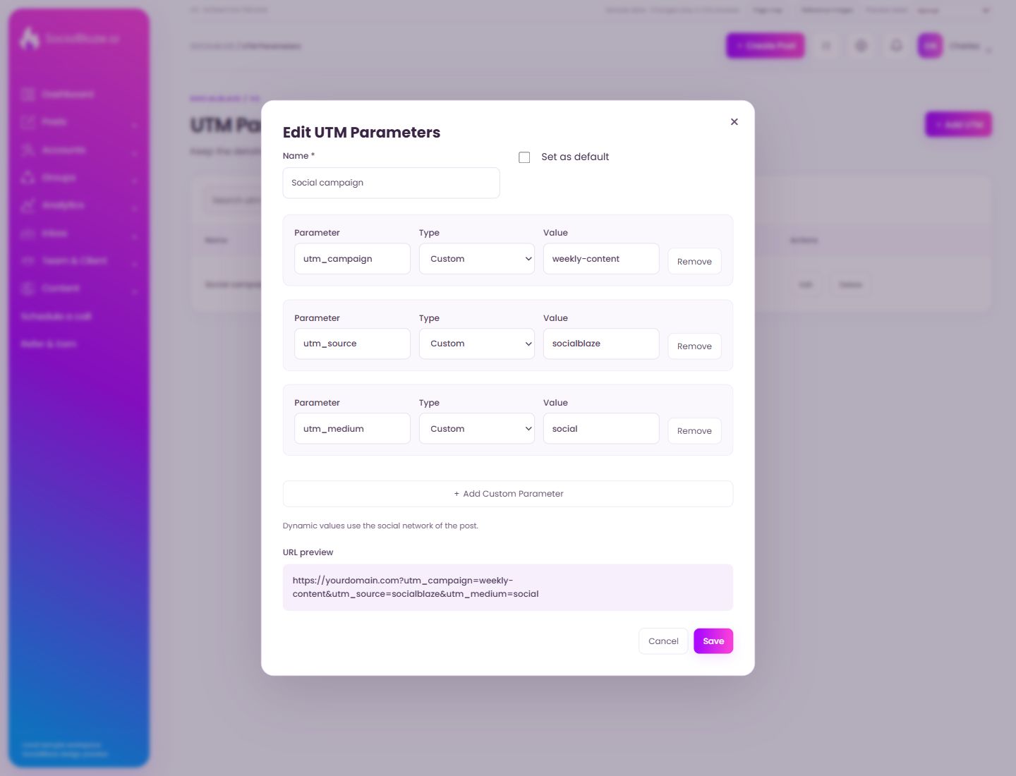 Edit tracking parameters. Highlighted controls are explained below.