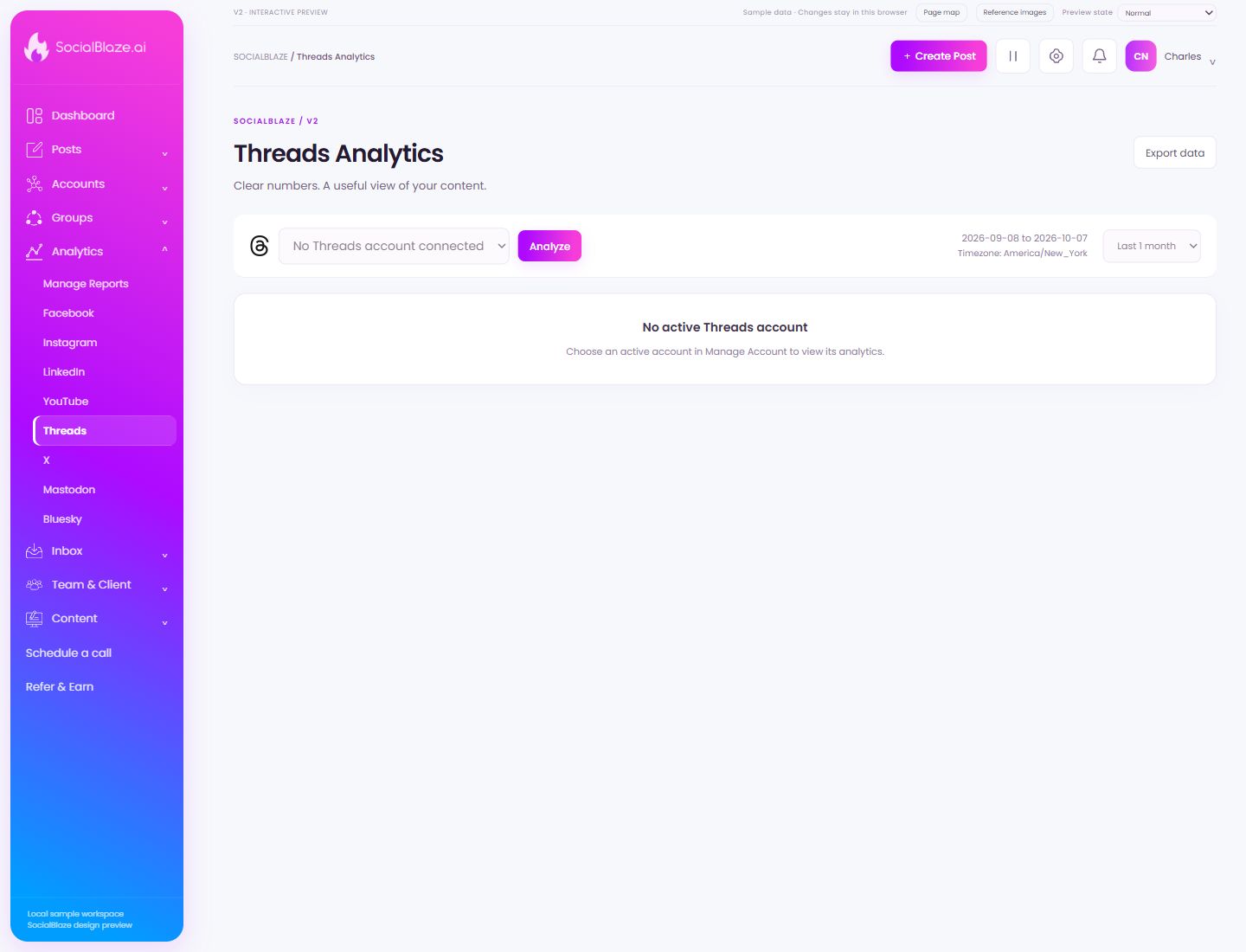 Threads Analytics. Highlighted controls are explained below.