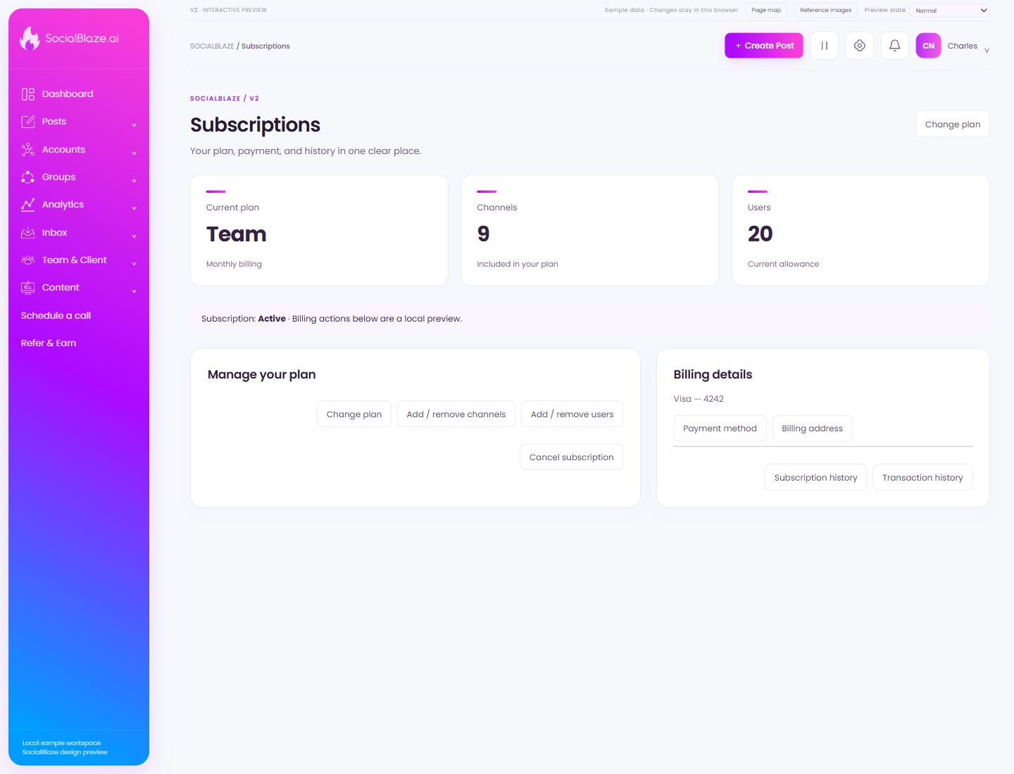 Subscriptions. Highlighted controls are explained below.