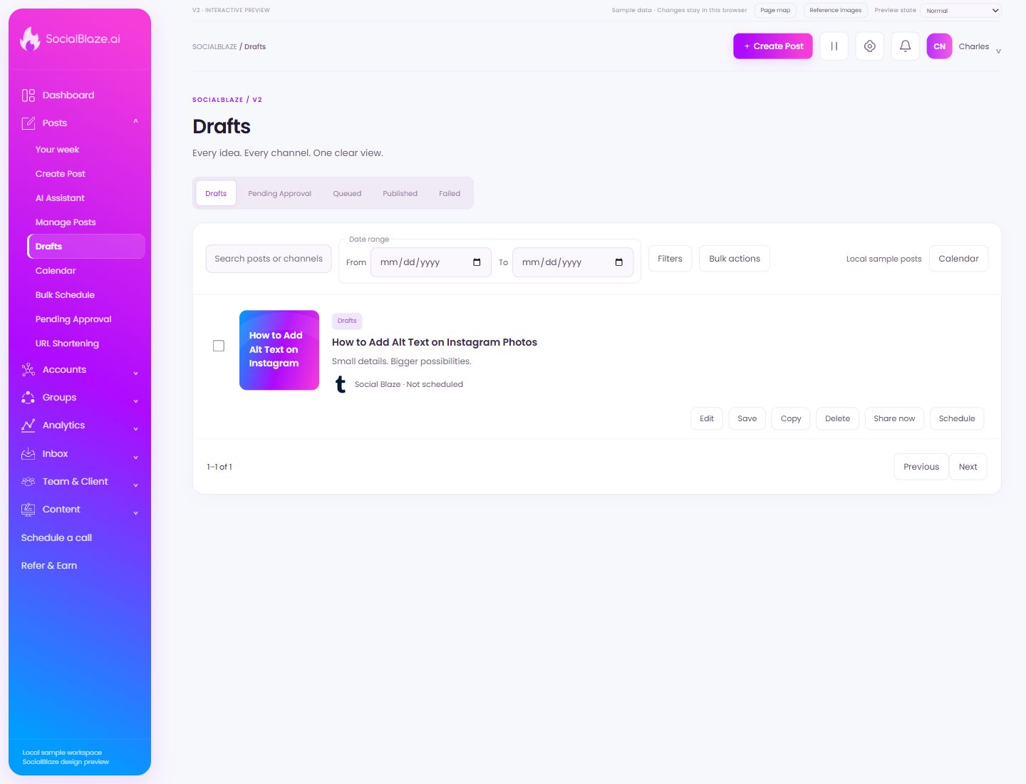 Drafts. Highlighted controls are explained below.