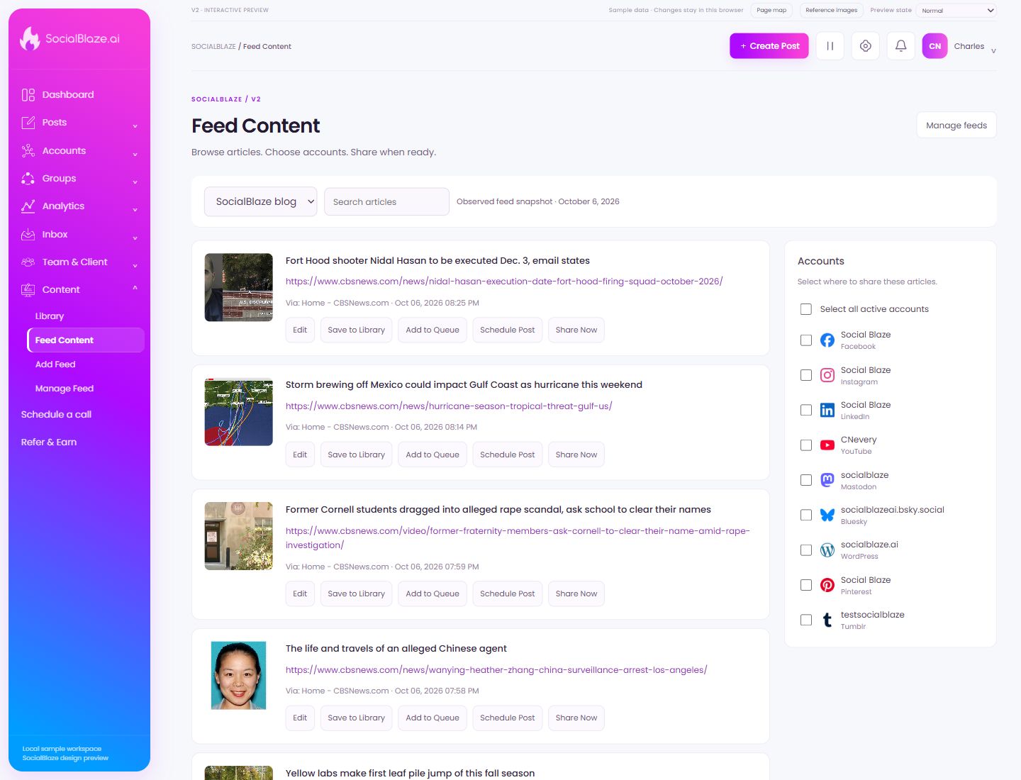 Feed Content. Highlighted controls are explained below.