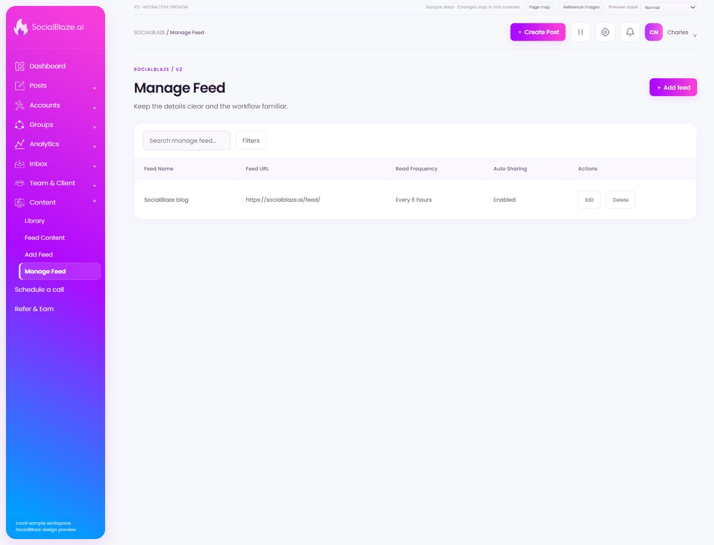 Manage Feed. Highlighted controls are explained below.