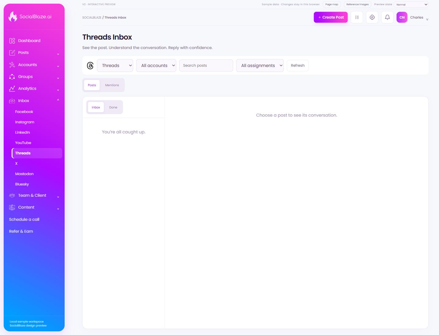 Threads Inbox. Highlighted controls are explained below.