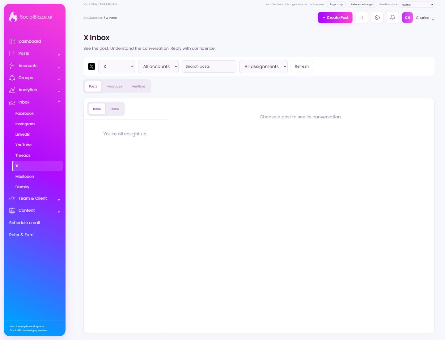 X Inbox. Highlighted controls are explained below.