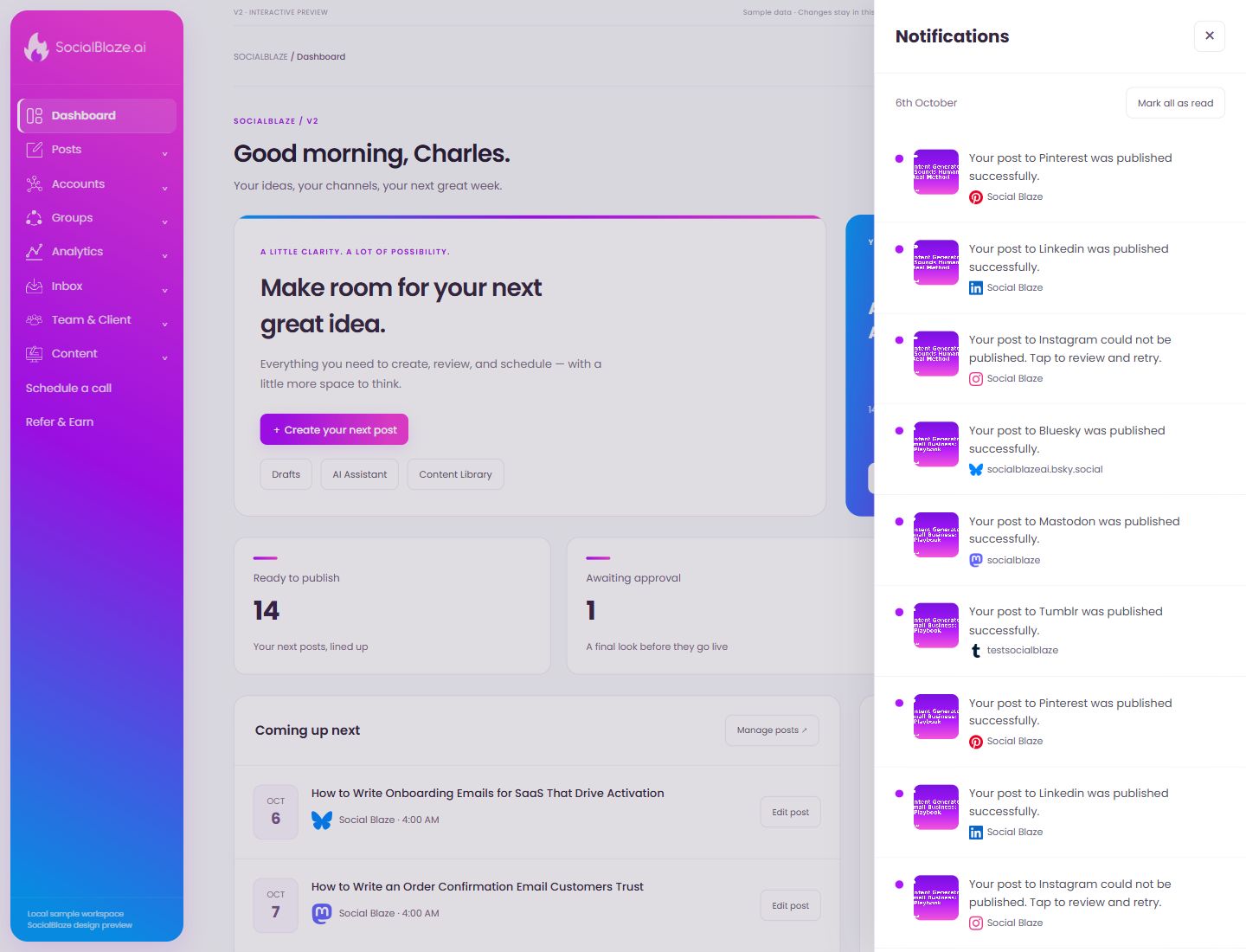 Notification center. Highlighted controls are explained below.
