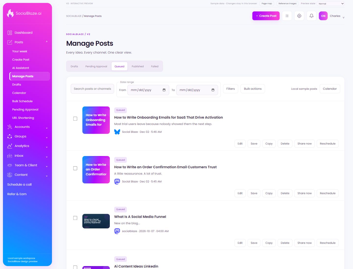 Manage Posts. Highlighted controls are explained below.