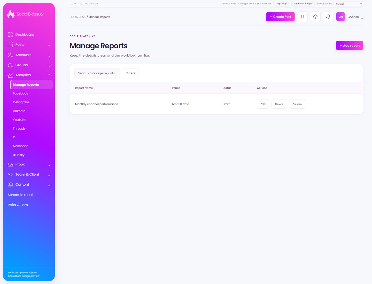 Manage Reports. Highlighted controls are explained below.