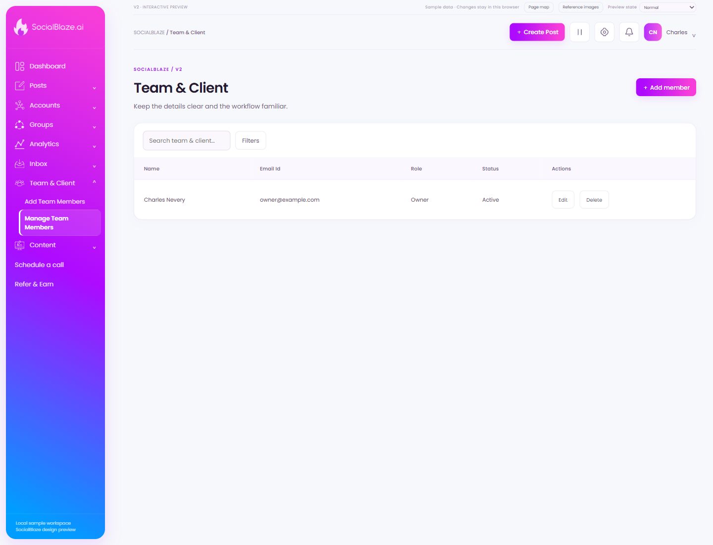 Team & Client. Highlighted controls are explained below.